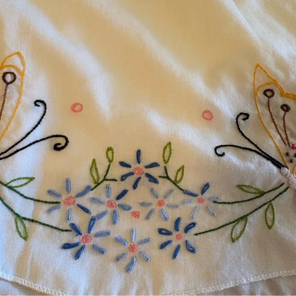 Vintage White and Blue Hand Embroidered Pillowcases Butterflies Set of 2
